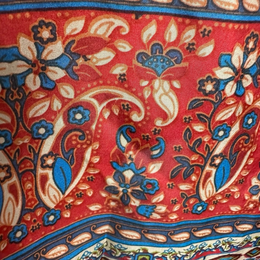 Johnny Was Bohemian Art to Wear Currency Print Silk Tunic Top Size Medium - Picture 10 of 17